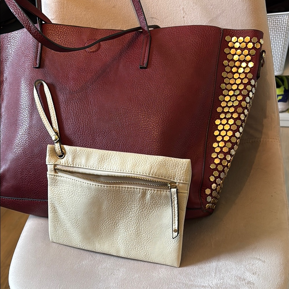 Under One Sky Burgundy Tote with Gold and Cream Accents